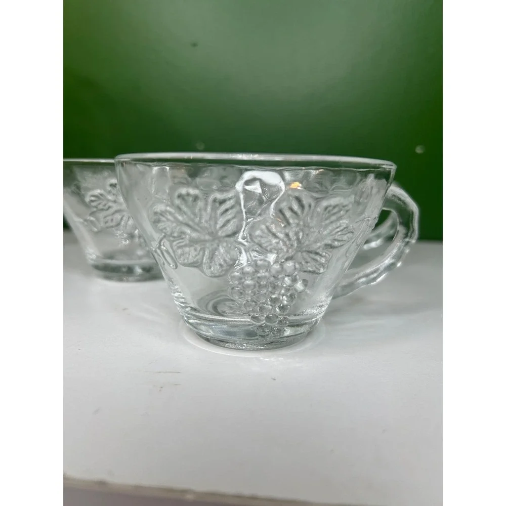 Vintage Clear Pressed Glass Grape Harvest Punch Bowl Set with 5 Cups and Ladle